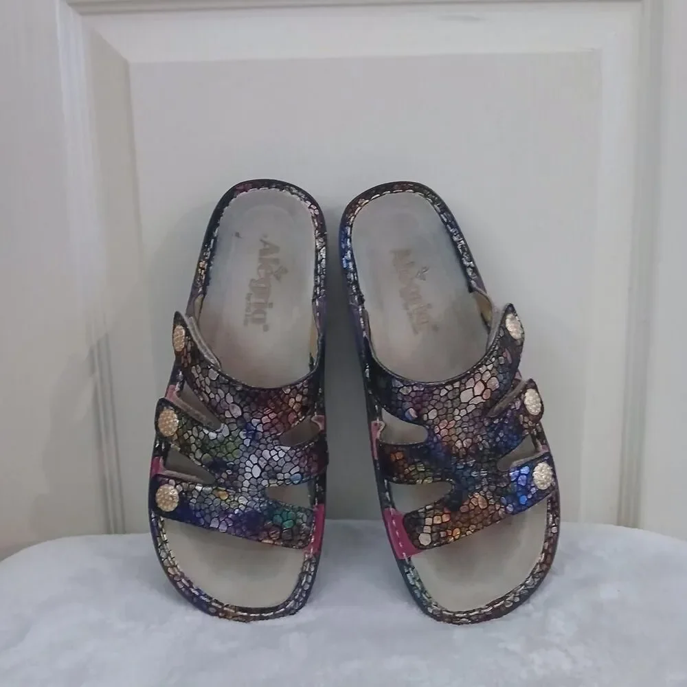 Alegria Fiona Multicolor Mosaic Leather Chunky Slide Sandals EU 37 Boho Dopamine